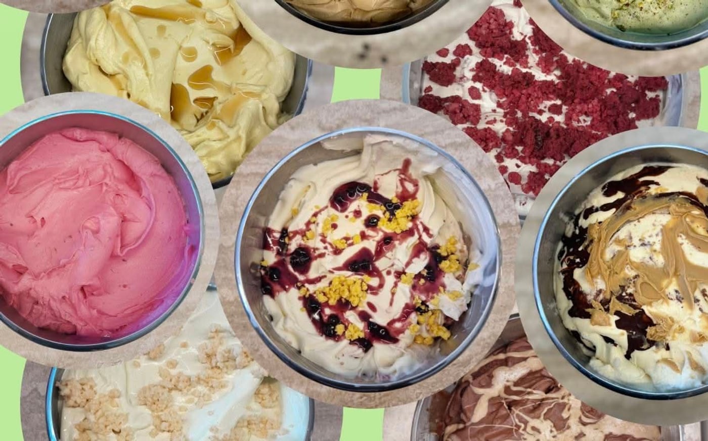 Tubs of OVO gelato in many flavours including pistachio, strawberry, vanilla and chocolate, arranged on a sage green background