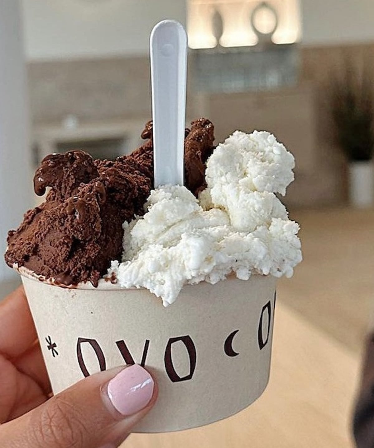 A hand holding an OVO Gelato cup with scoops of dark chocolate and coconut gelato, in a bright minimal shop